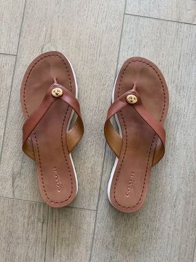 Coach Tan Leather Thong Sandals with Gold Turnlock